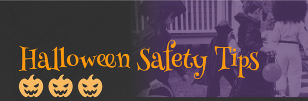 Halloween Safety Tips Graphic with Trick or Treaters and Jack o' Lanterns